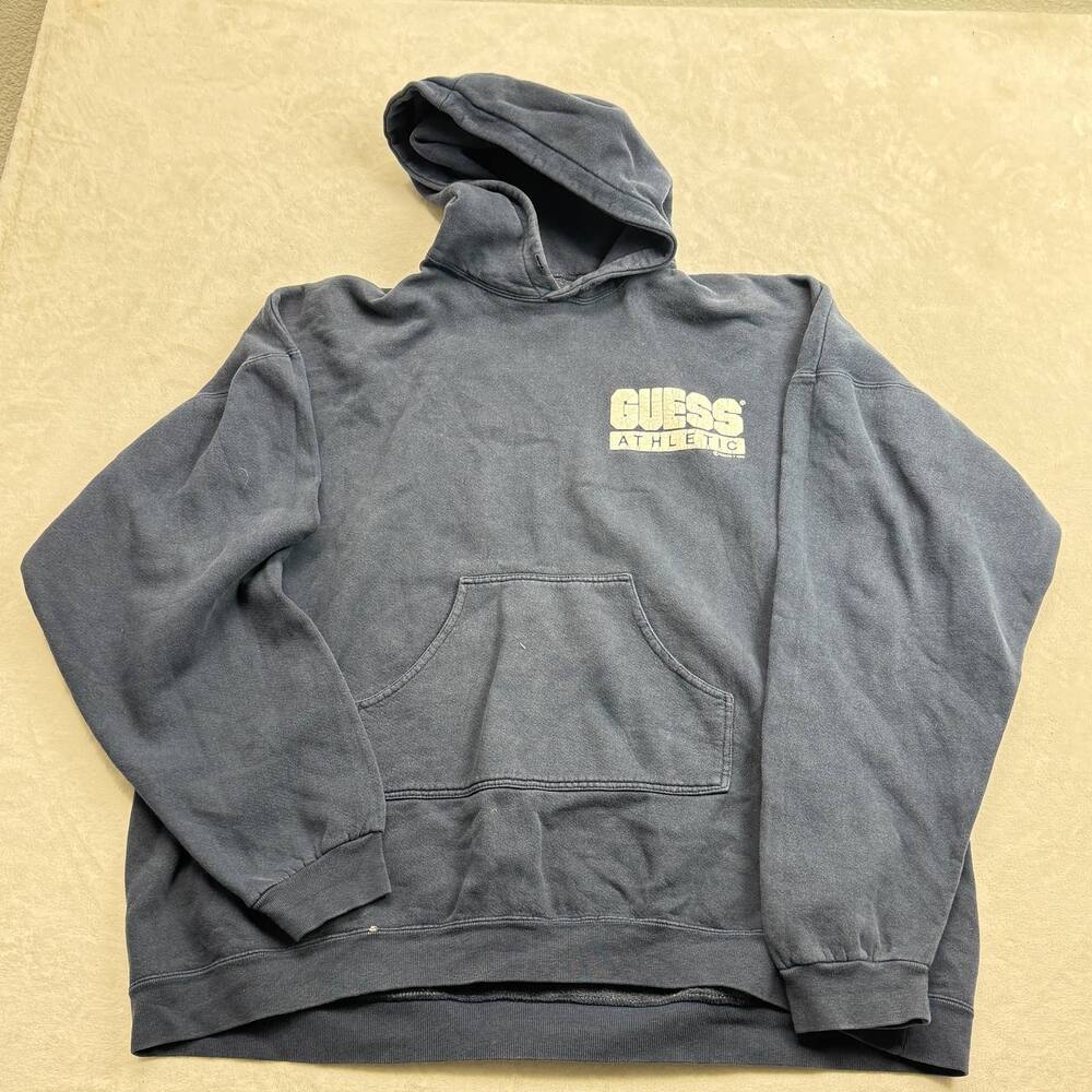 Guess Athletic Men's Hoodie Navy Size XL Vintage 90s Pullover Sweatshirt Logo